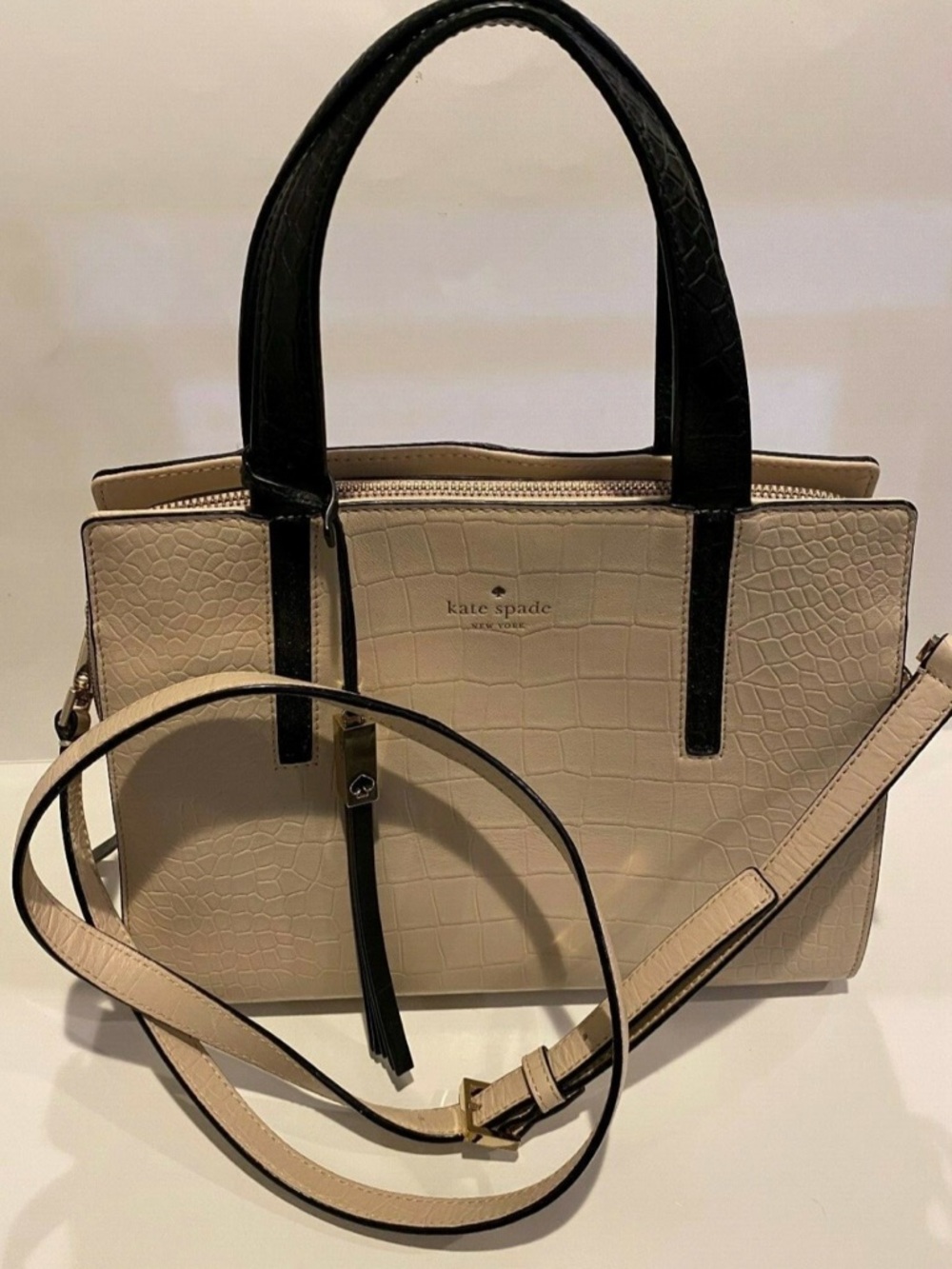 kate spade Cream and Black Croc-Embossed Satchel and strap for crossbody
